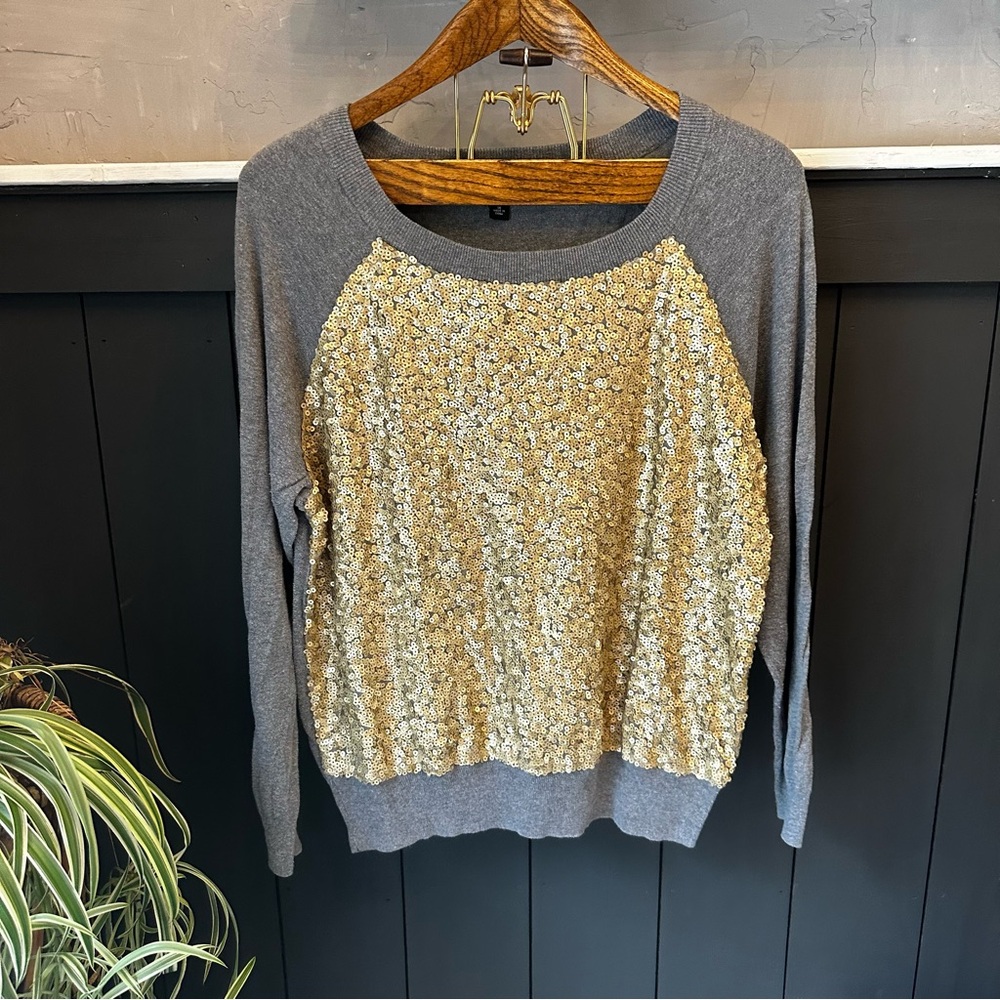 Ana Gold Sequin Gray Long Sleeve Sweater Plus Size‎ 1X